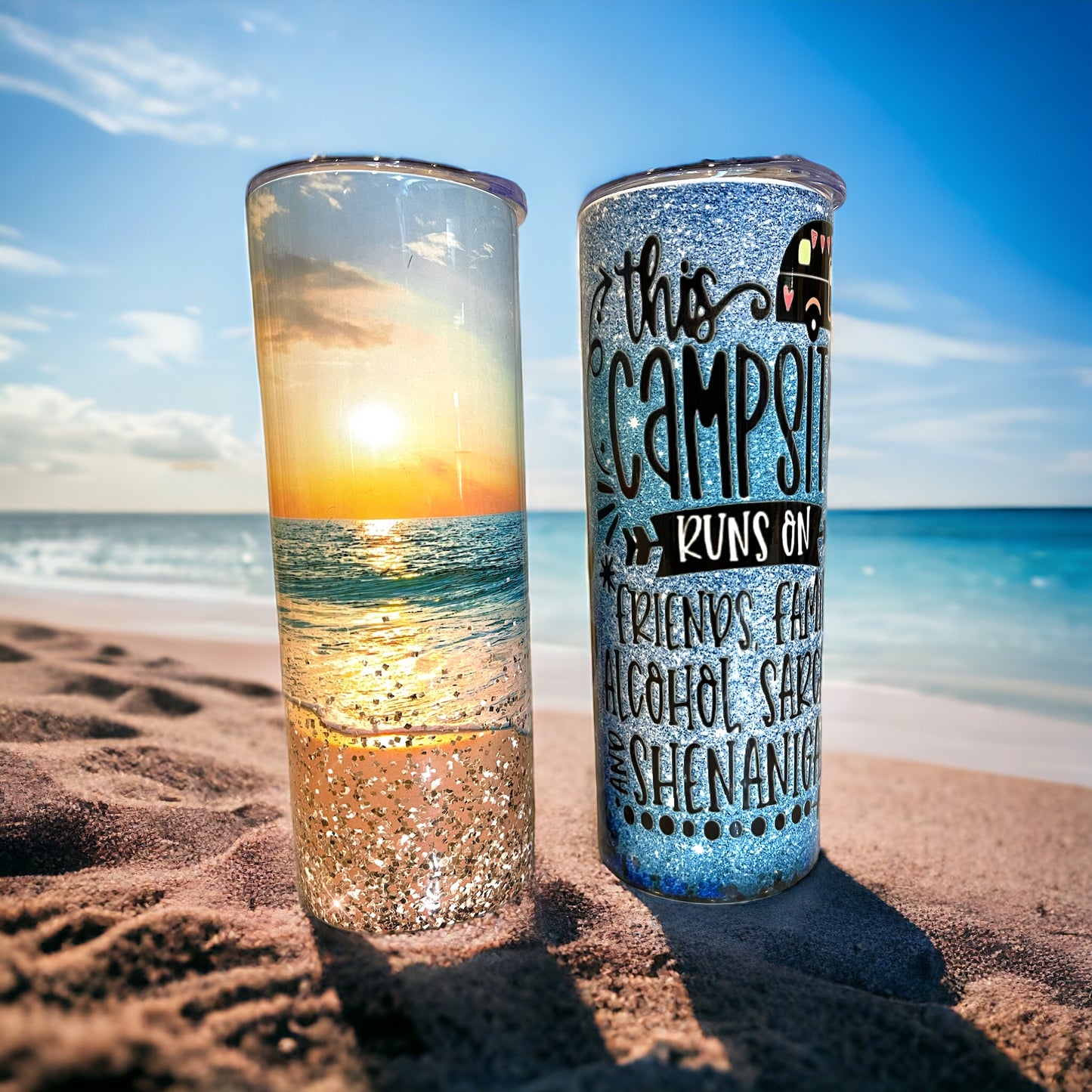 20 oz. Skinny Stainless-Steel Tumbler - Castaway Beach Scene / We're Not Alcoholics